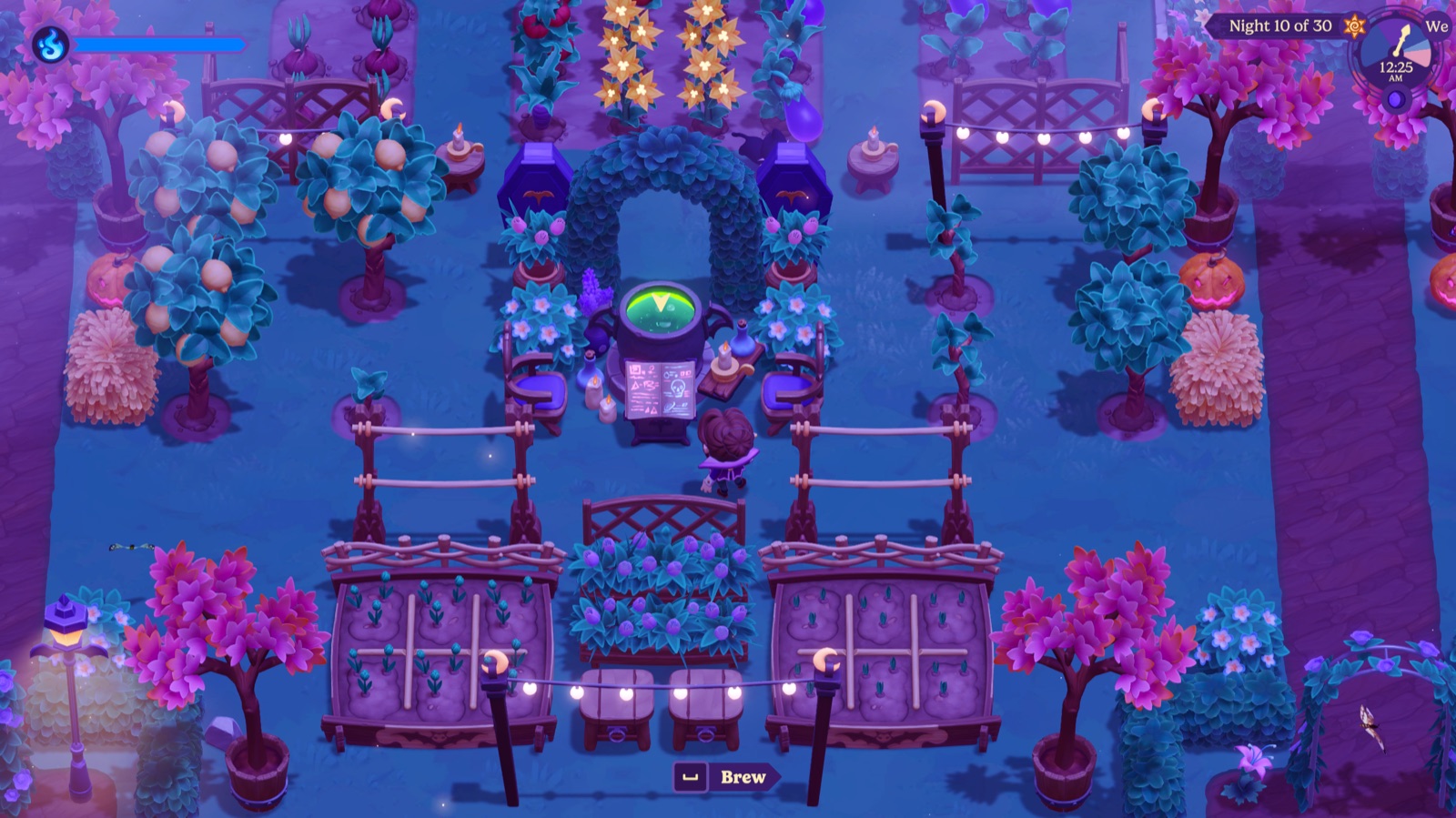 A decorated nighttime farm with crops and a brewing station.